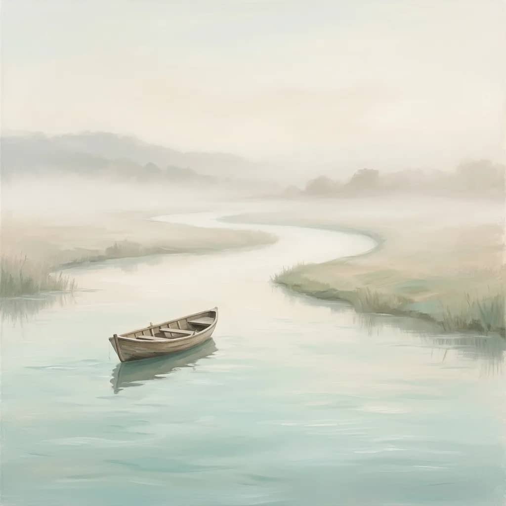 薄霧晨光中,一艘小木舟靜泊於蜿蜒河面的禪意風景 — Wudelay 無算太晚